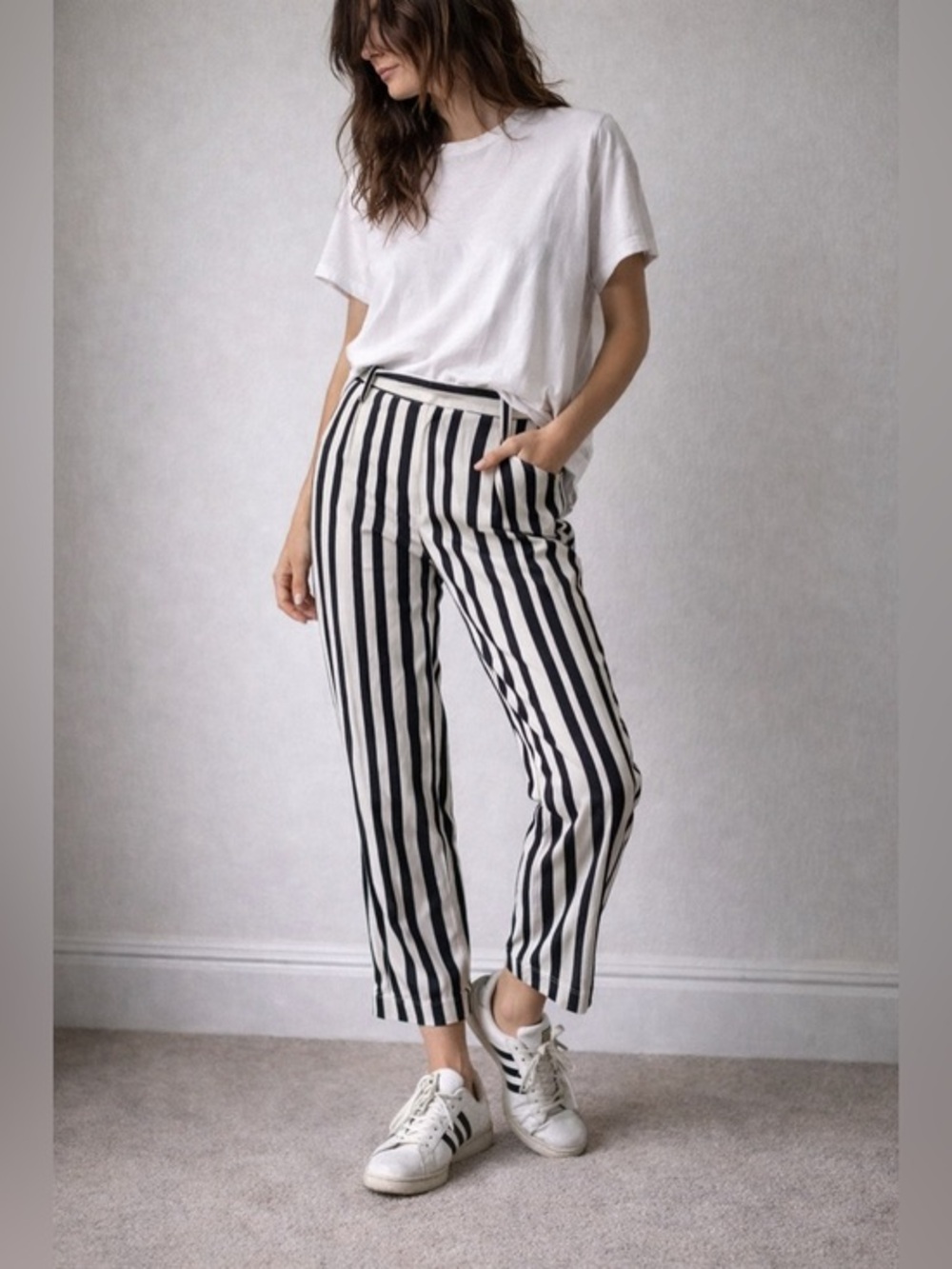 Paul‎ & Joe Black White Striped Silk Pants Size 6 Ankle Minimalist Streetwear